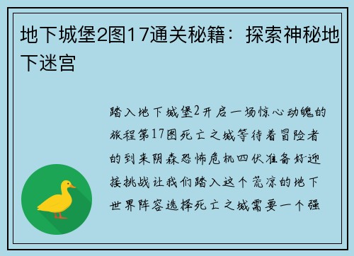 地下城堡2图17通关秘籍：探索神秘地下迷宫