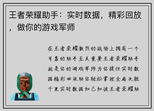 王者荣耀助手：实时数据，精彩回放，做你的游戏军师