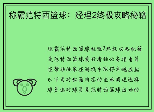 称霸范特西篮球：经理2终极攻略秘籍