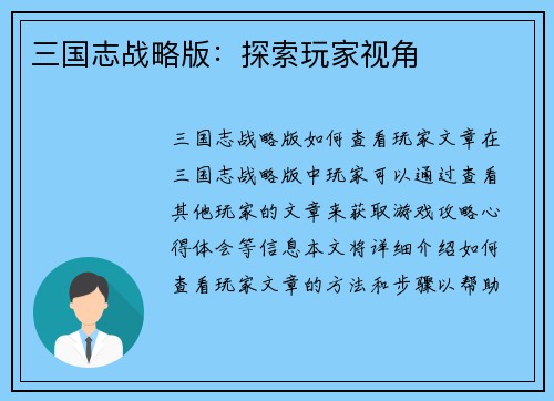 三国志战略版：探索玩家视角