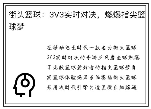 街头篮球：3V3实时对决，燃爆指尖篮球梦