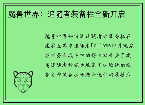 魔兽世界：追随者装备栏全新开启